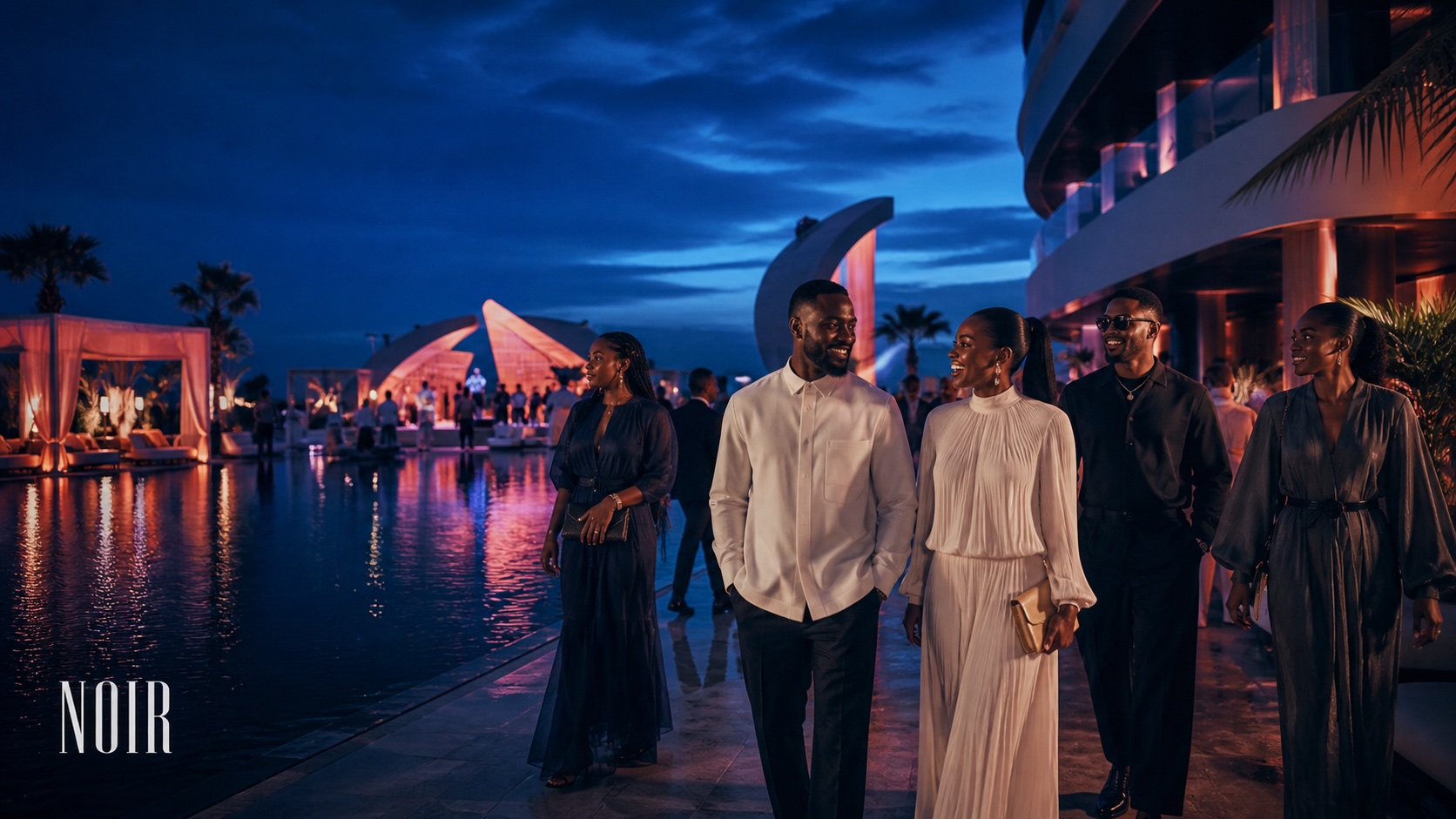 Guests arriving at a modern poolside resort at blue hour